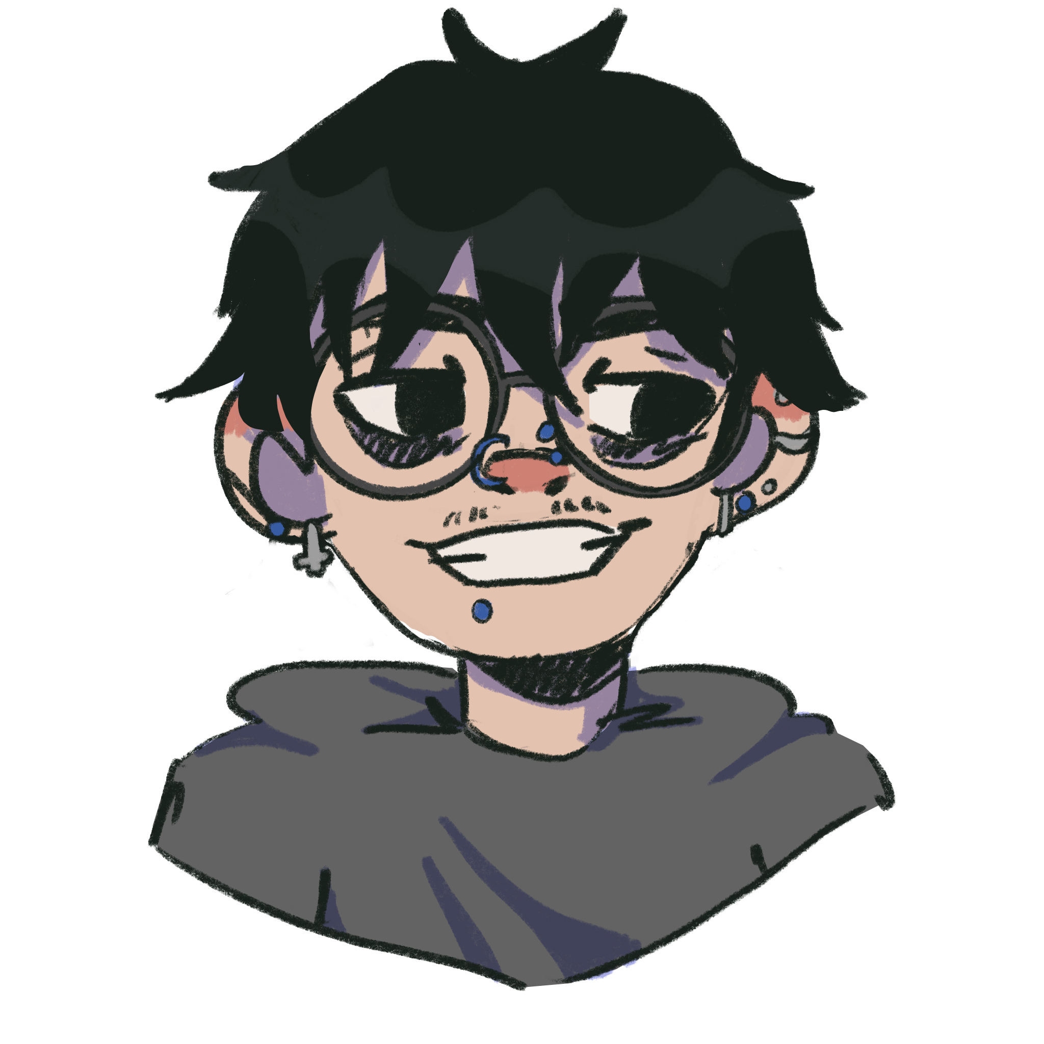 a self-portrait from the shoulders up in a very stylised cartoon style. i have messy short black hair, glasses, and am wearing a grey hoodie. i have lots of blue and silver earrings, and blue face jewellery: one nose hoop on the left, two nose studs on the right, and a lip piercing on the left. i am smiling wide and looking to the right